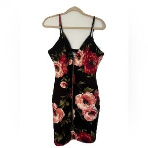 Gold Zip-up, Floral Black Dress with Red and Green Accents